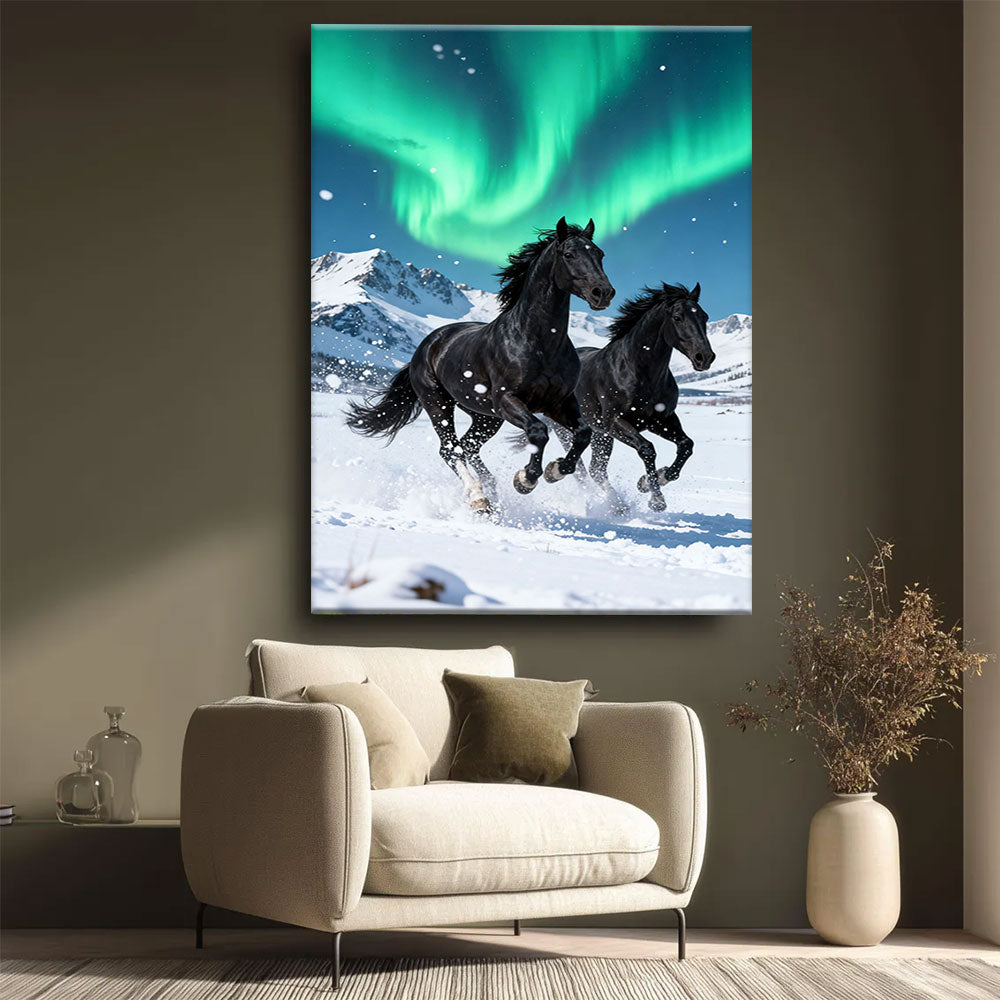 Under Northern Lights horse wall art, styled beside a neutral armchair.