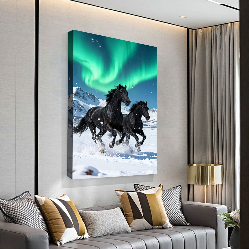Under Northern Lights horse wall art, angled view above a neutral sofa.