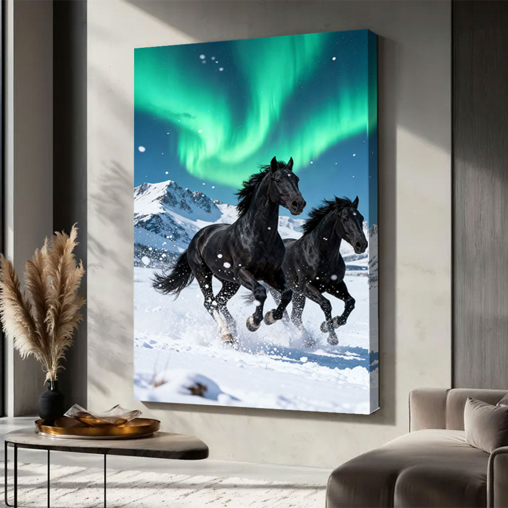 Under Northern Lights horse wall art, displayed in a neutral living space.