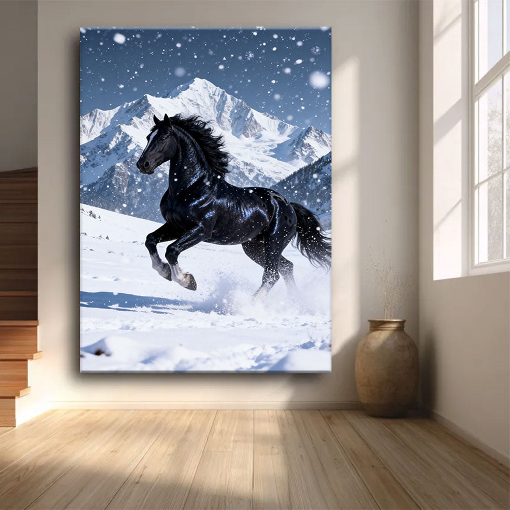 Snowfall Runner horse wall art, front view in a softly lit room.