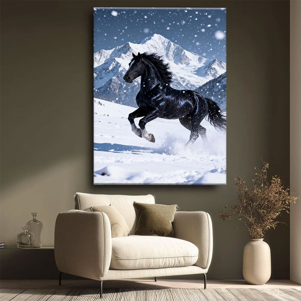 Snowfall Runner horse wall art, styled beside a neutral armchair.