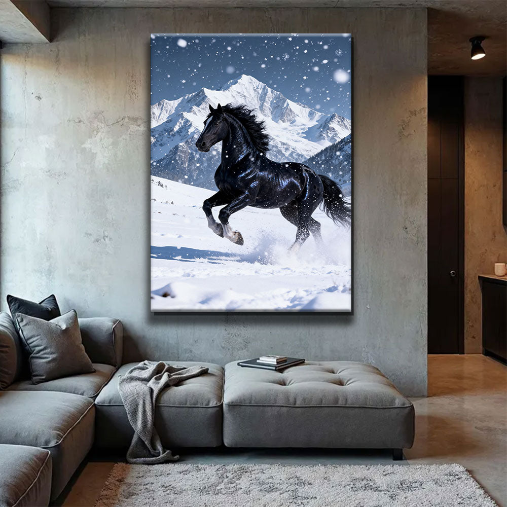 Snowfall Runner horse wall art, displayed above a gray sofa.