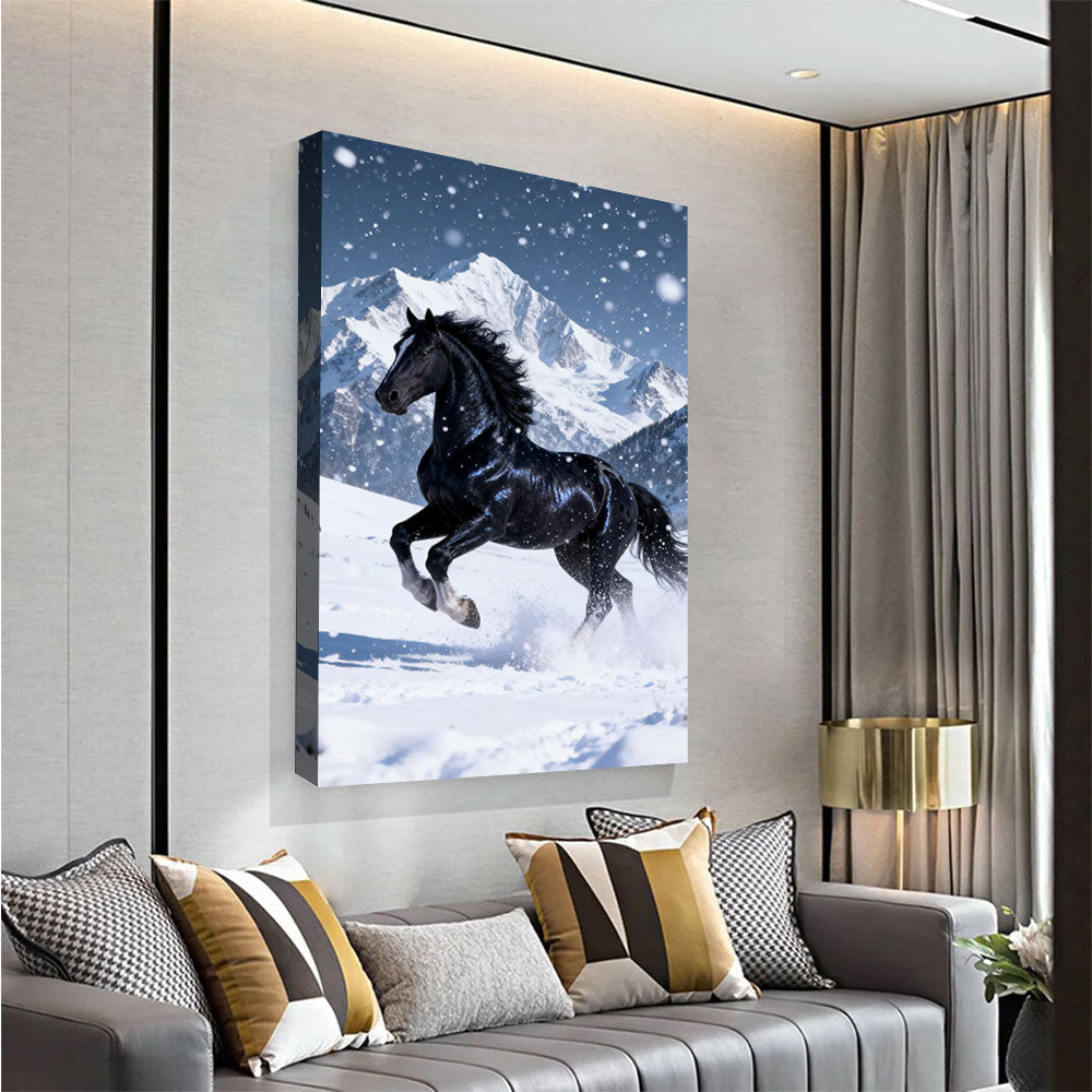 Snowfall Runner horse wall art, angled view above a neutral sofa.