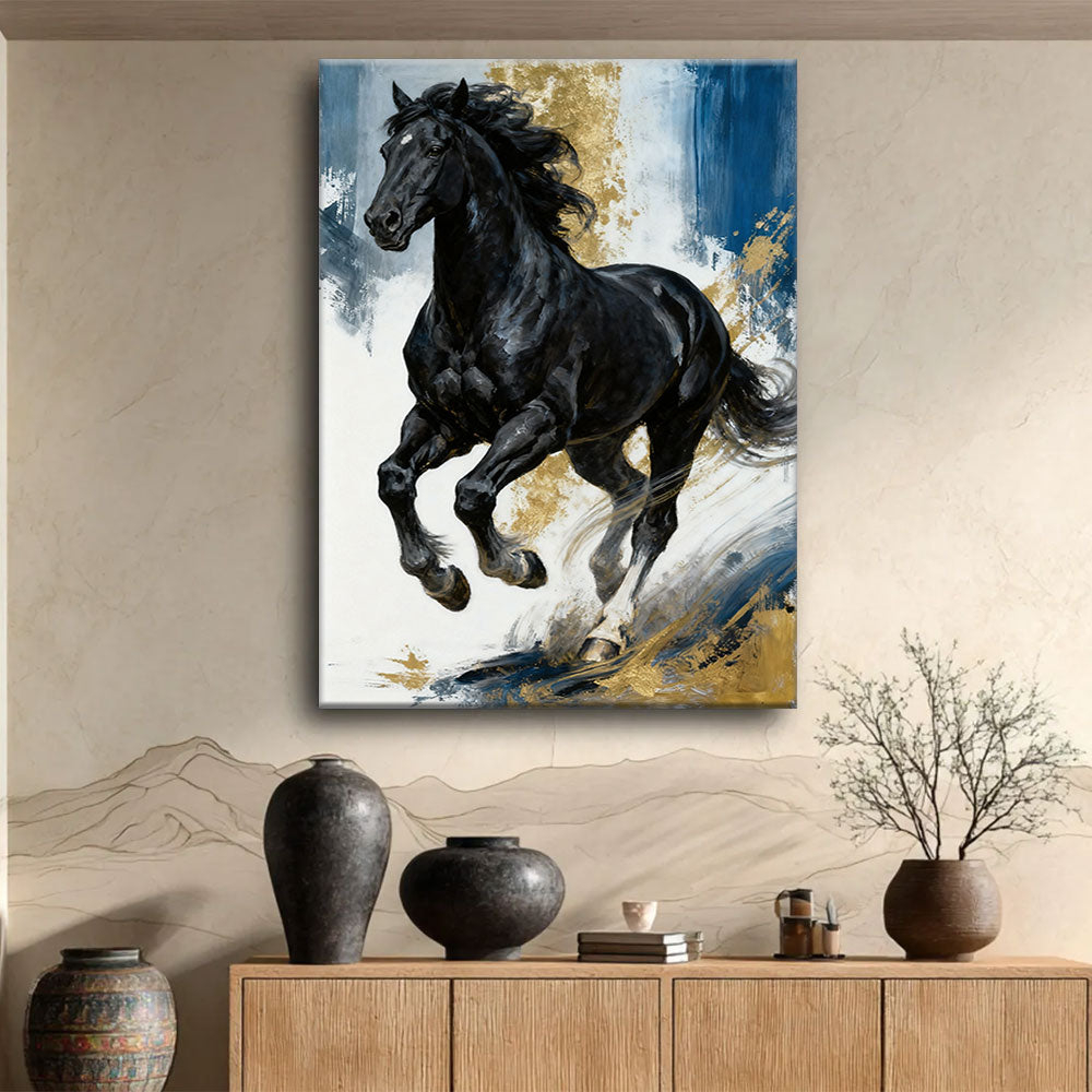 Blue and Gold Gallop horse wall art, displayed above a wooden console.