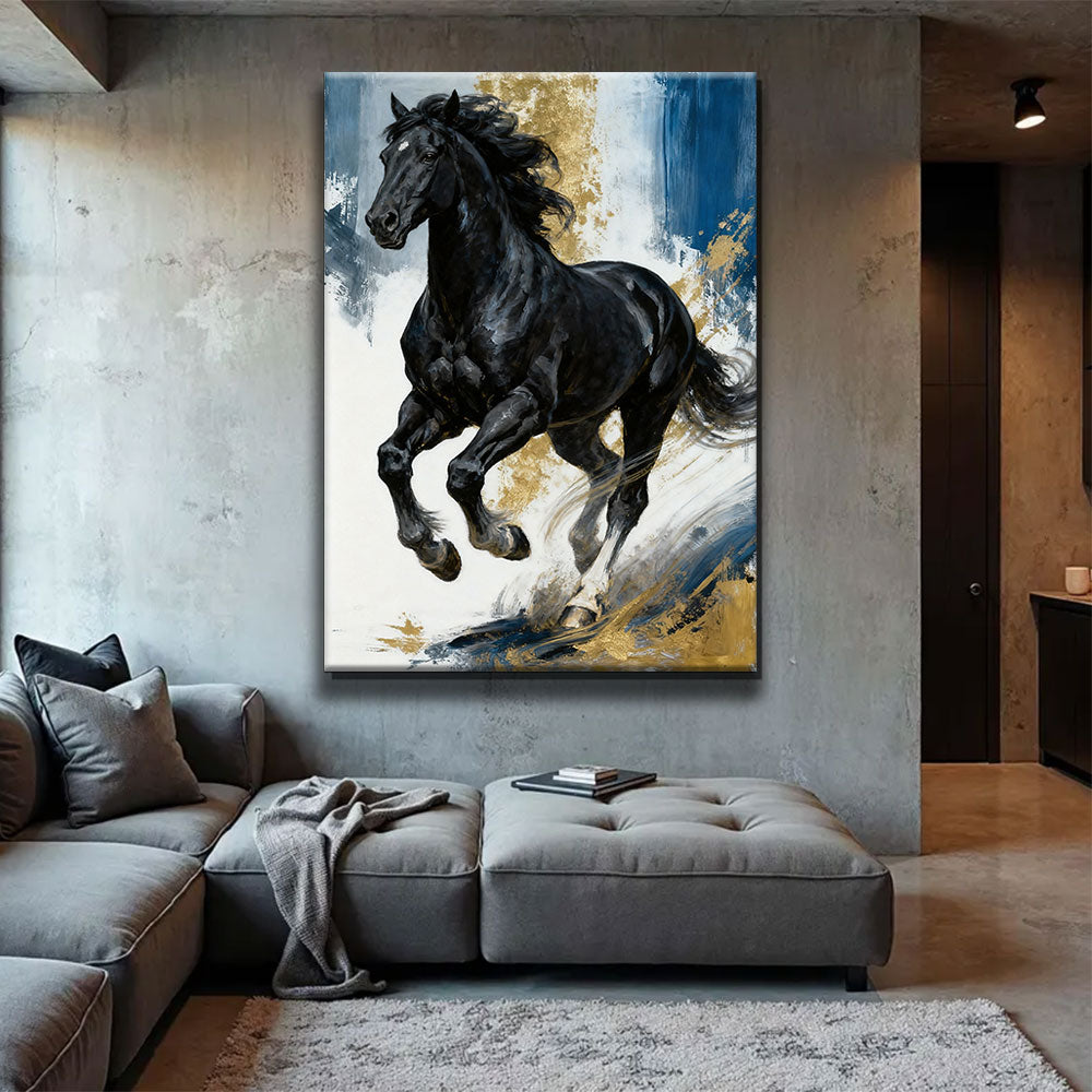 Blue and Gold Gallop horse wall art, displayed above a gray sofa.