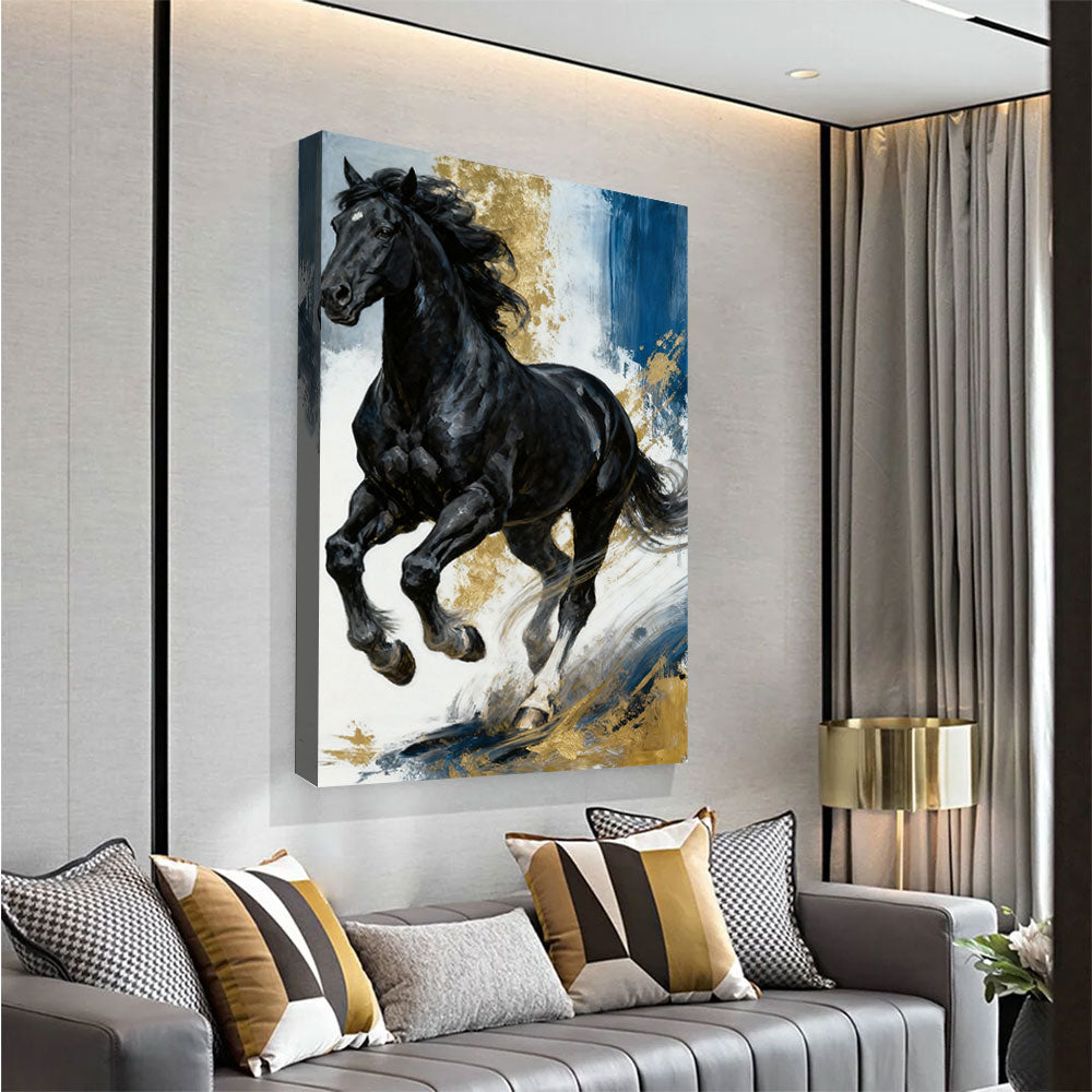 Blue and Gold Gallop horse wall art, angled view above a neutral sofa.