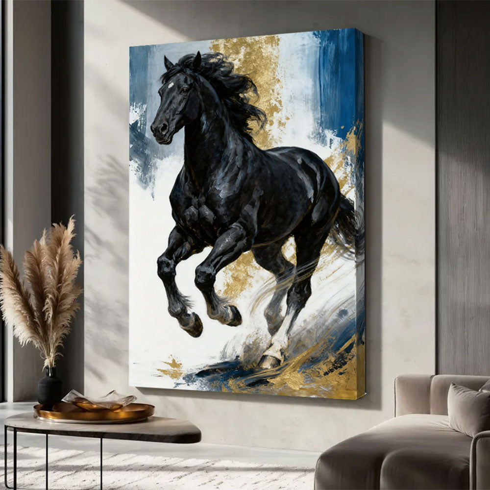 Blue and Gold Gallop horse wall art, displayed in a neutral living space.