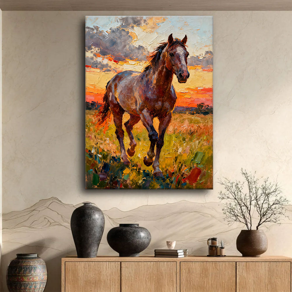 Meadow at Sundown horse wall art, displayed above a wooden console.