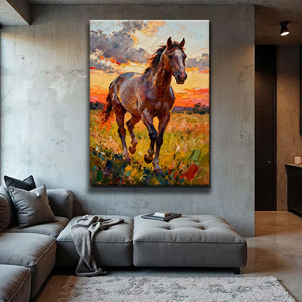Meadow at Sundown horse wall art, displayed above a gray sofa.