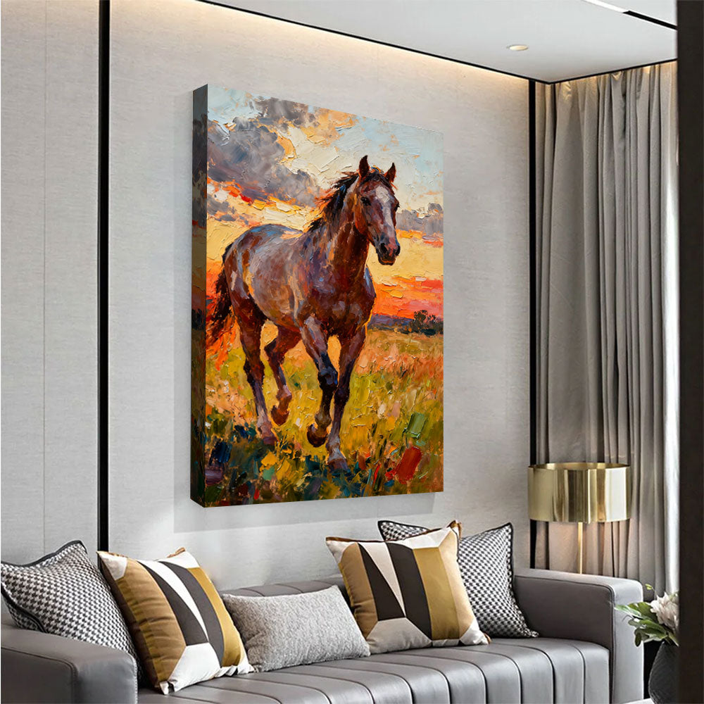 Meadow at Sundown horse wall art, angled view above a neutral sofa.