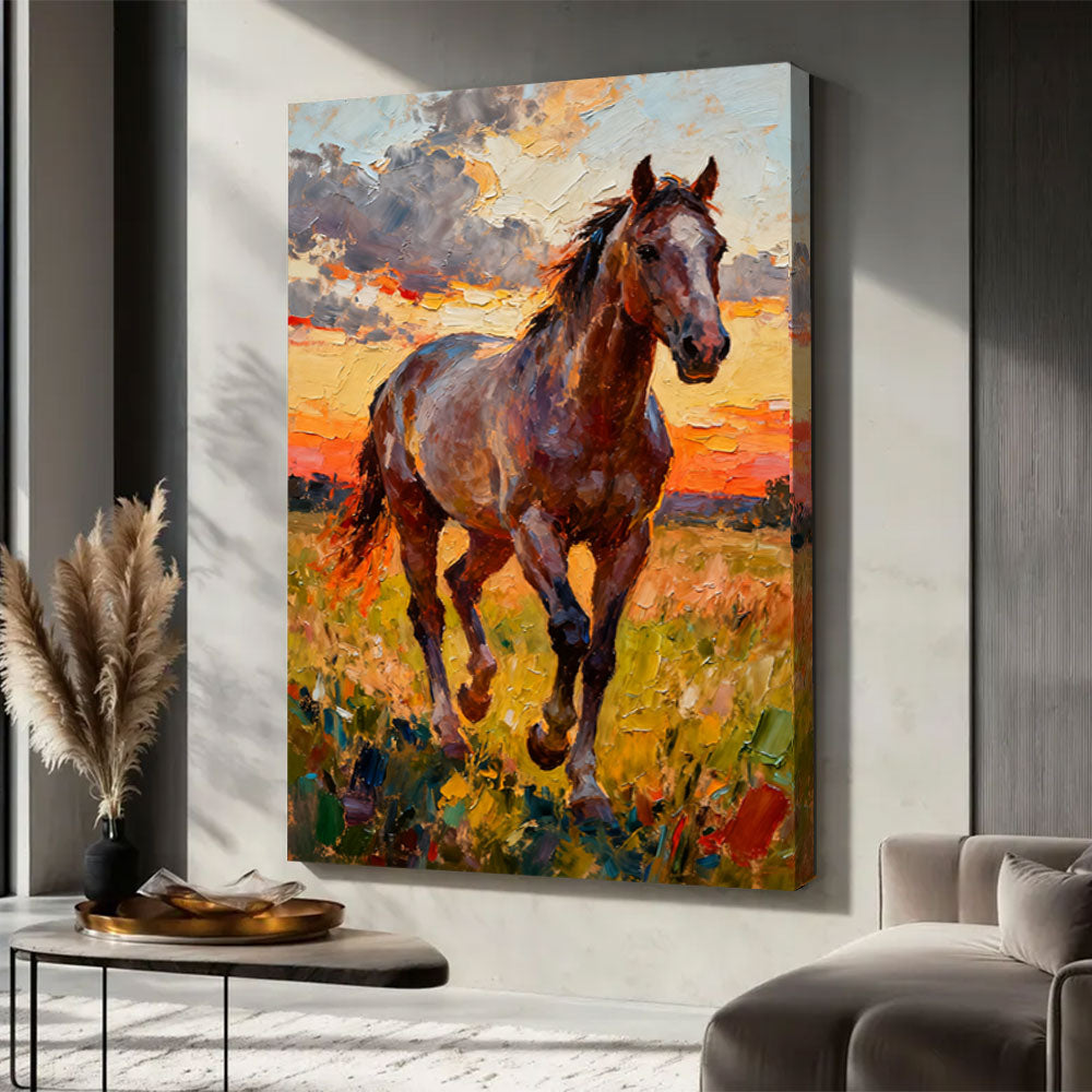 Meadow at Sundown horse wall art, displayed in a neutral living space.