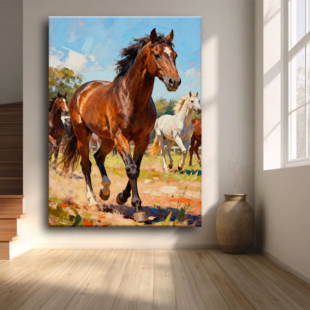 Open Country Herd horse wall art, front view in a softly lit room.