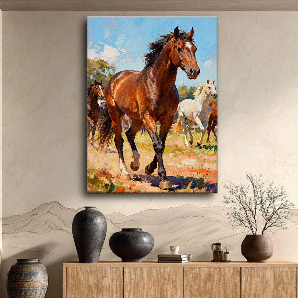 Open Country Herd horse wall art, displayed above a wooden console.