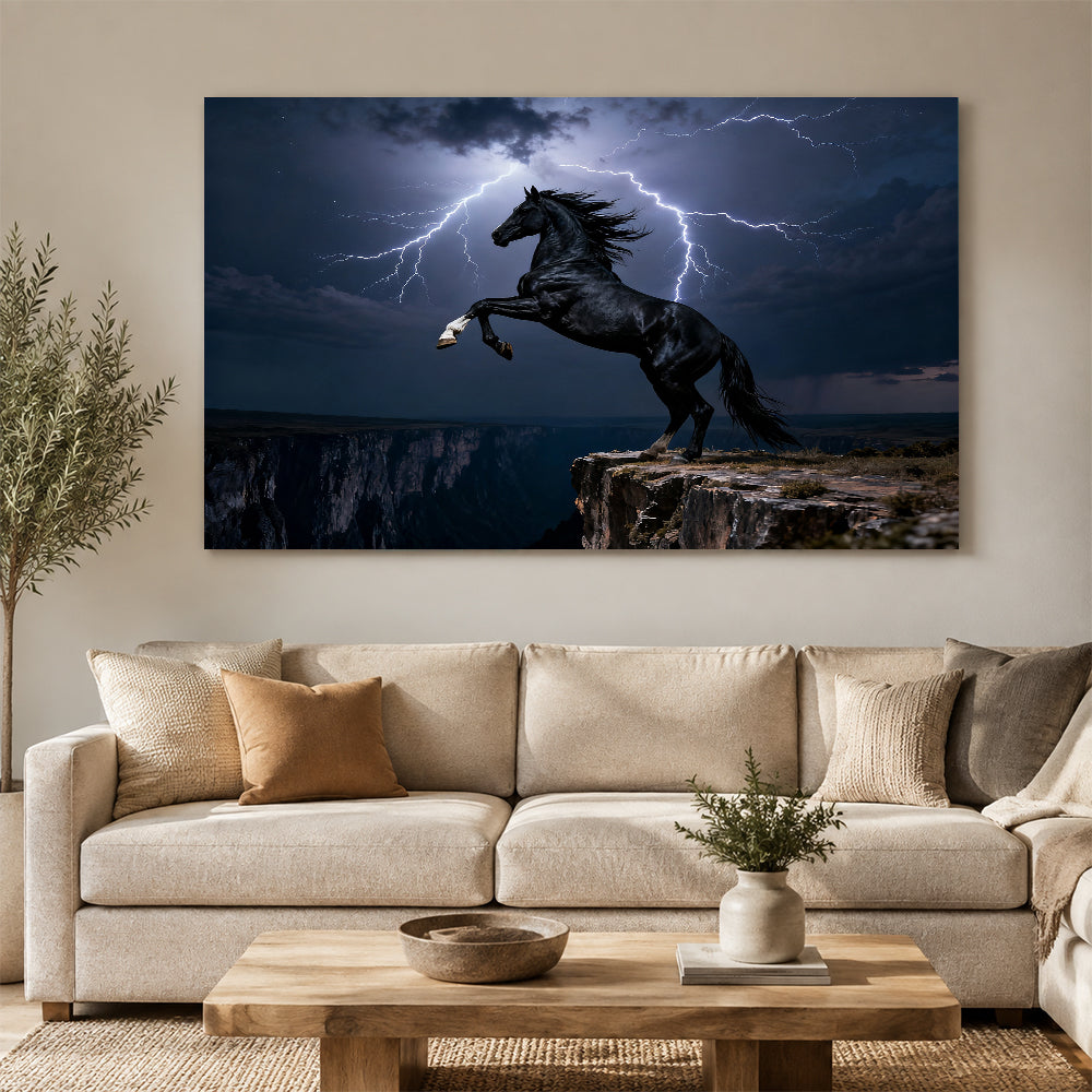 Storm on the Ridge horse wall art, displayed above a neutral sofa.