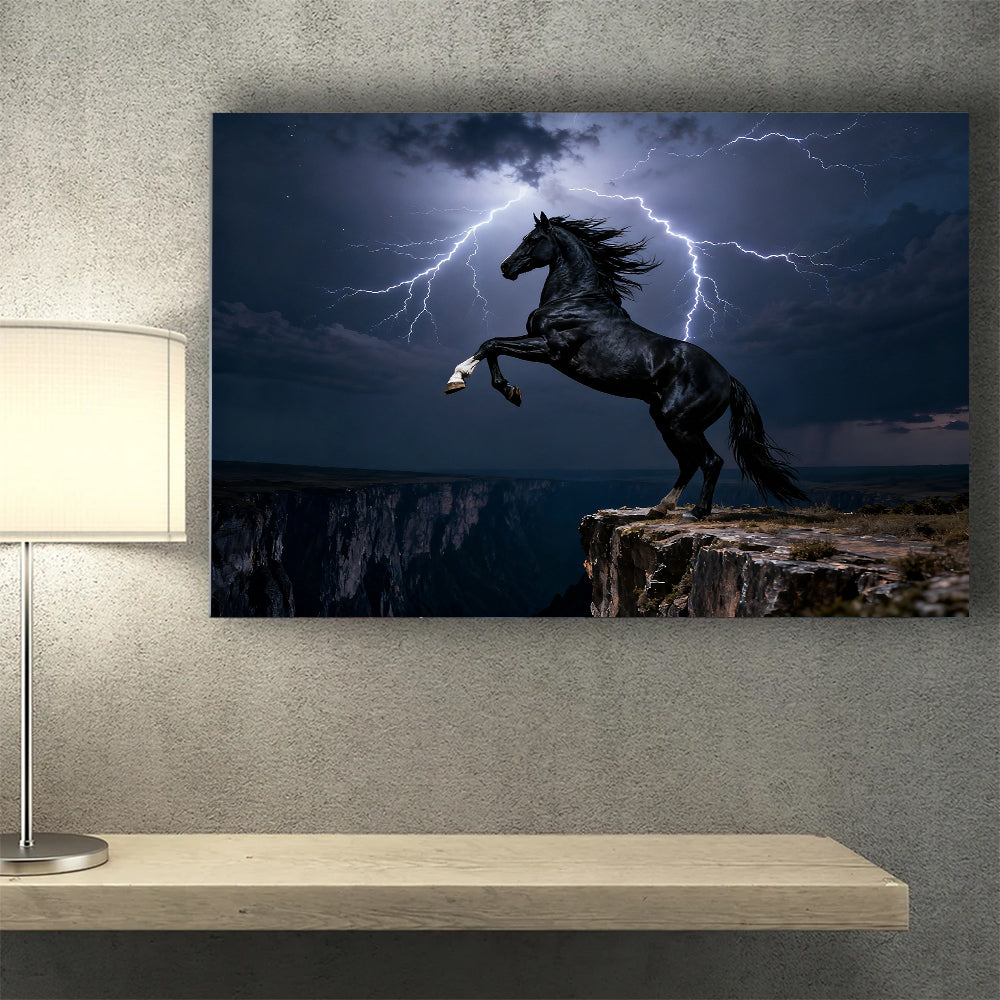 Storm on the Ridge horse wall art, styled above a desk.