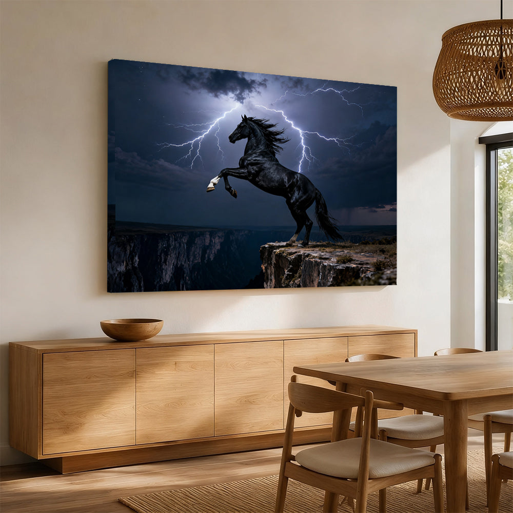 Storm on the Ridge horse wall art, displayed above a wooden sideboard.