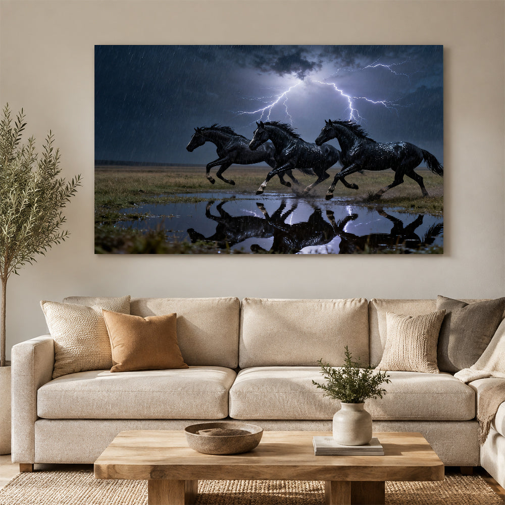 Thunder Herd horse wall art, displayed above a neutral sofa.