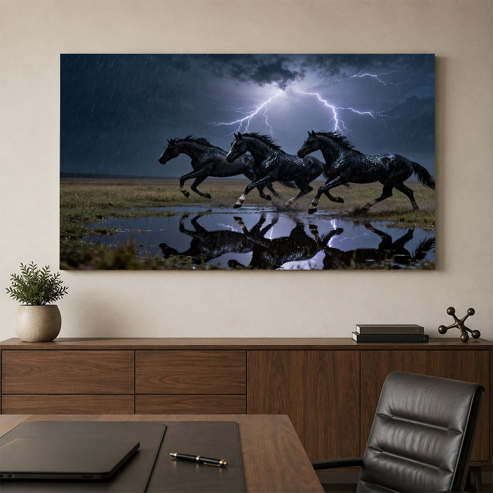 Thunder Herd horse wall art, styled above a console with a chair.