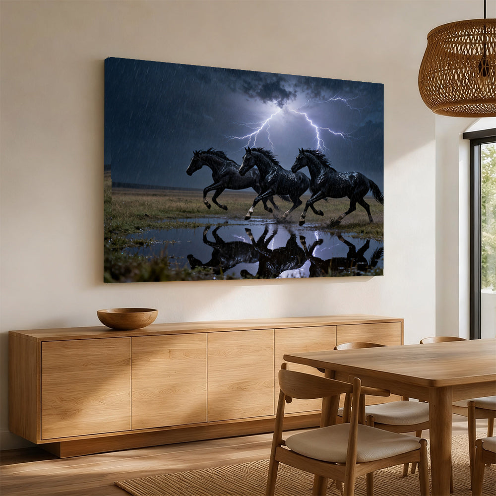 Thunder Herd horse wall art, displayed above a wooden sideboard.