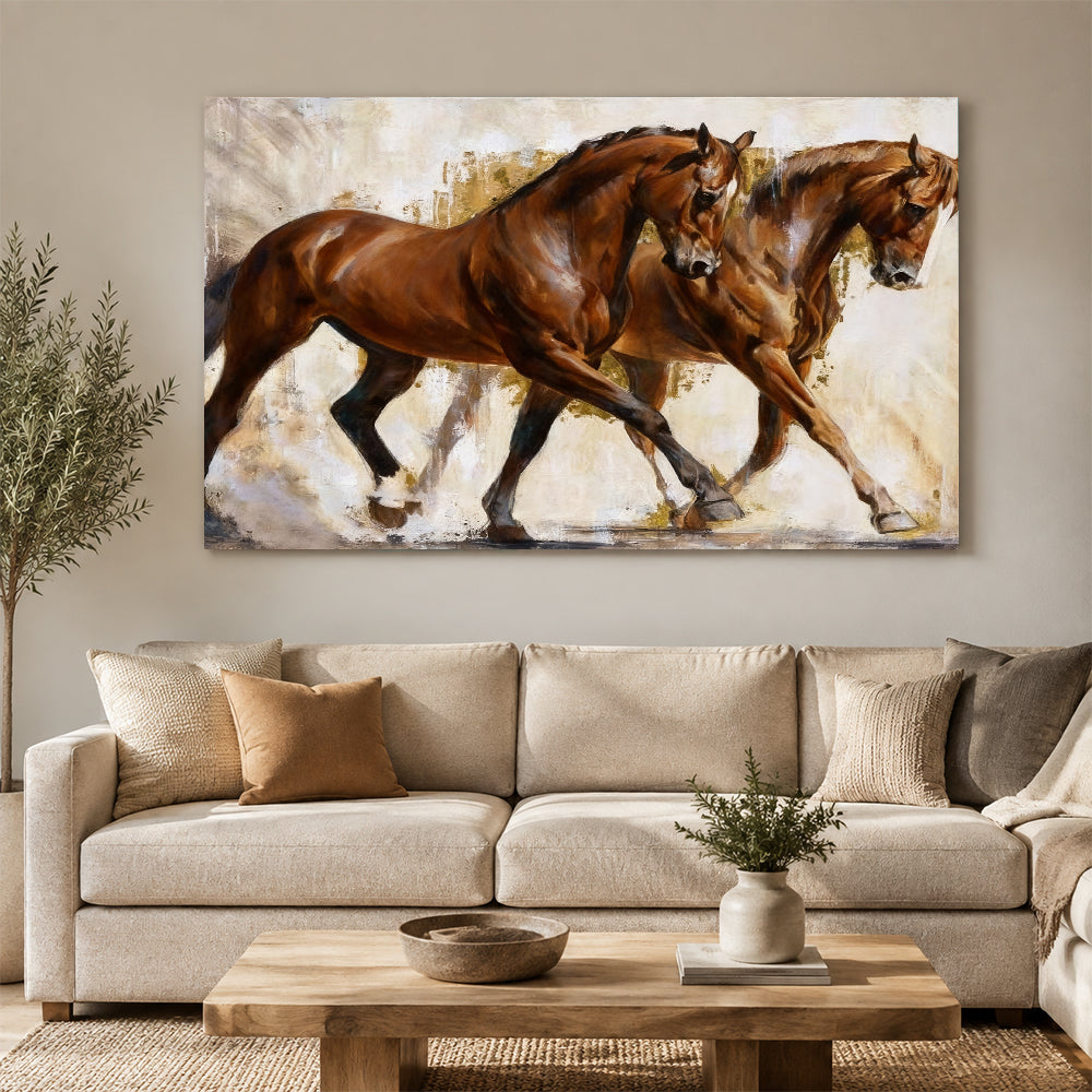 Together in Stride horse wall art, displayed above a neutral sofa.