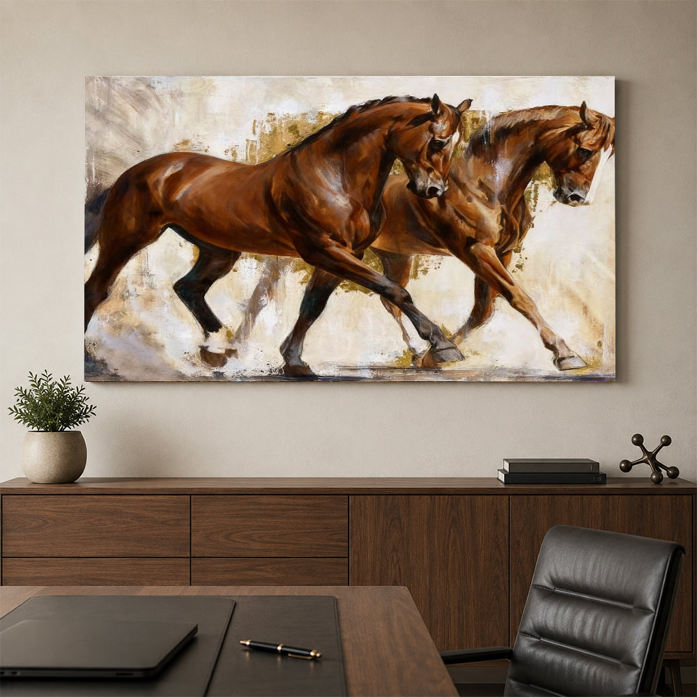 Together in Stride horse wall art, styled above a console with a chair.