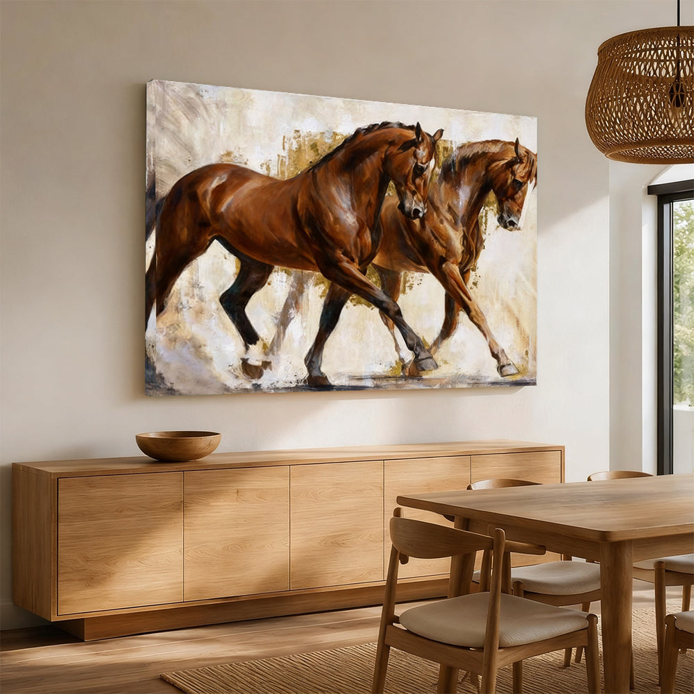 Together in Stride horse wall art, displayed above a wooden sideboard.
