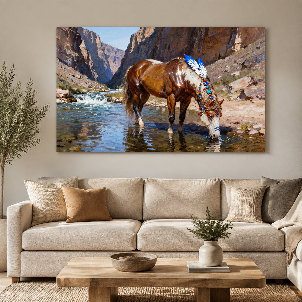 Canyon Water horse wall art, displayed above a neutral sofa.