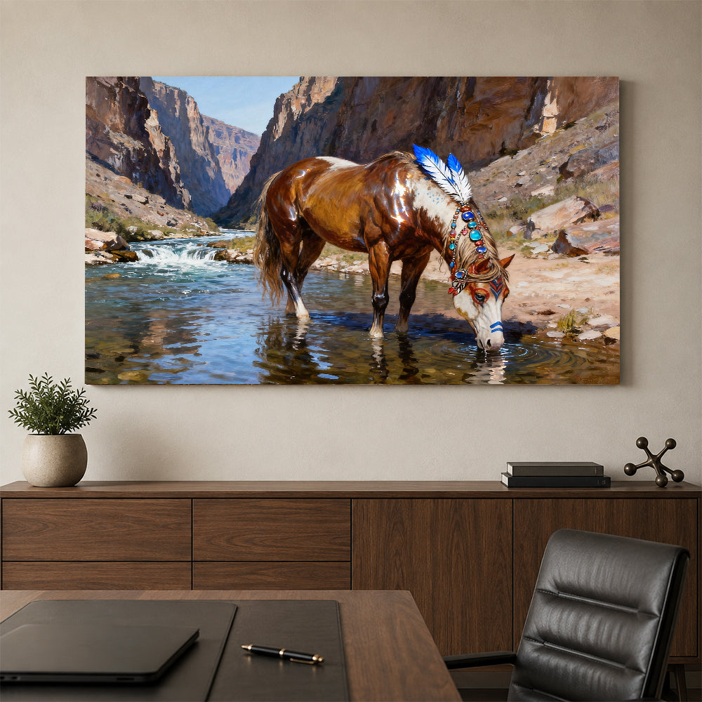 Canyon Water horse wall art, styled above a console with a chair.