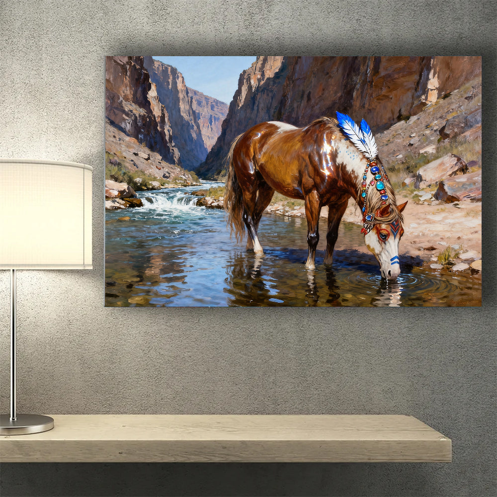 Canyon Water horse wall art, styled above a desk.