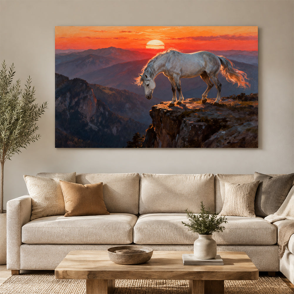 White Horse at Sunset horse wall art, displayed above a neutral sofa.