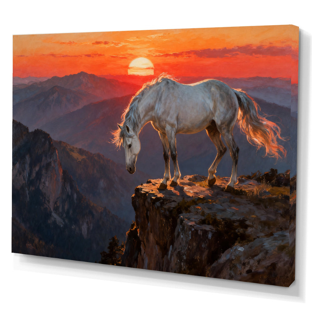 White Horse at Sunset horse wall art, angled canvas mockup on a white background.