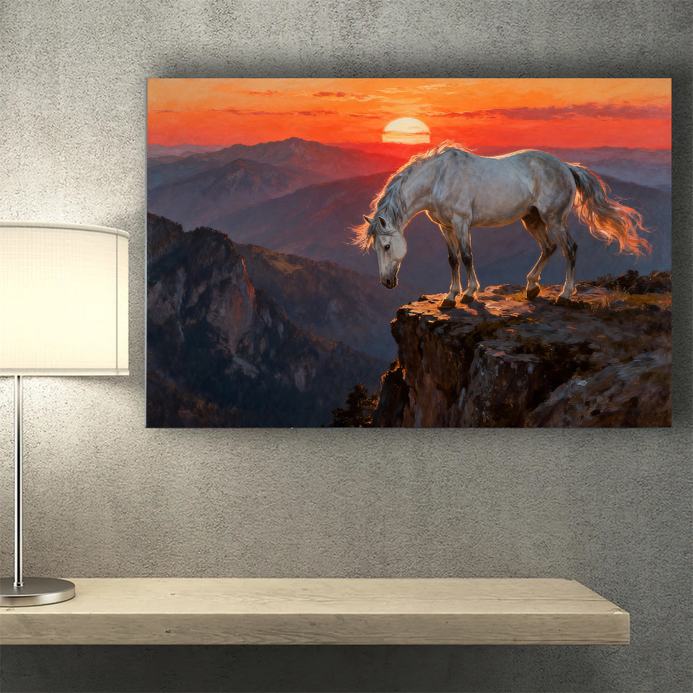 White Horse at Sunset horse wall art, styled above a desk.