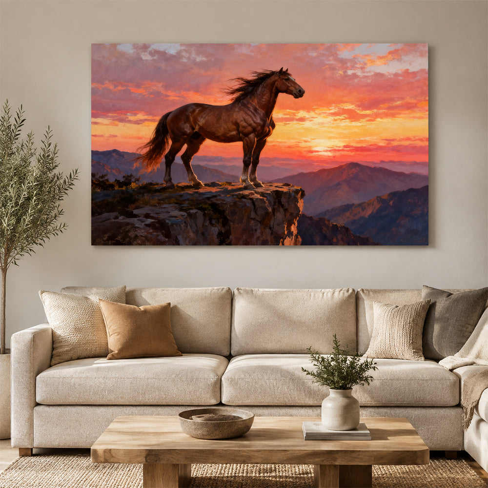 Last Light on the Ridge horse wall art, displayed above a neutral sofa.