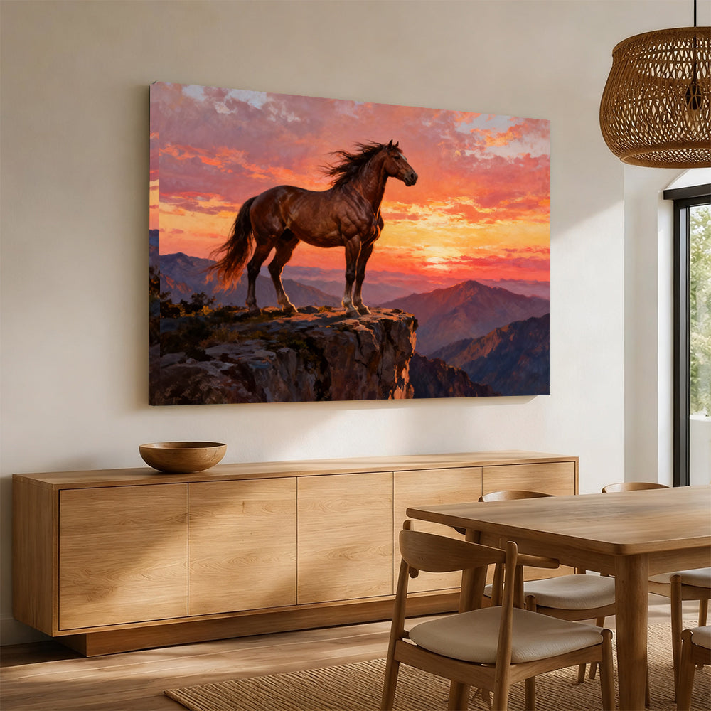 Last Light on the Ridge horse wall art, displayed above a wooden sideboard.