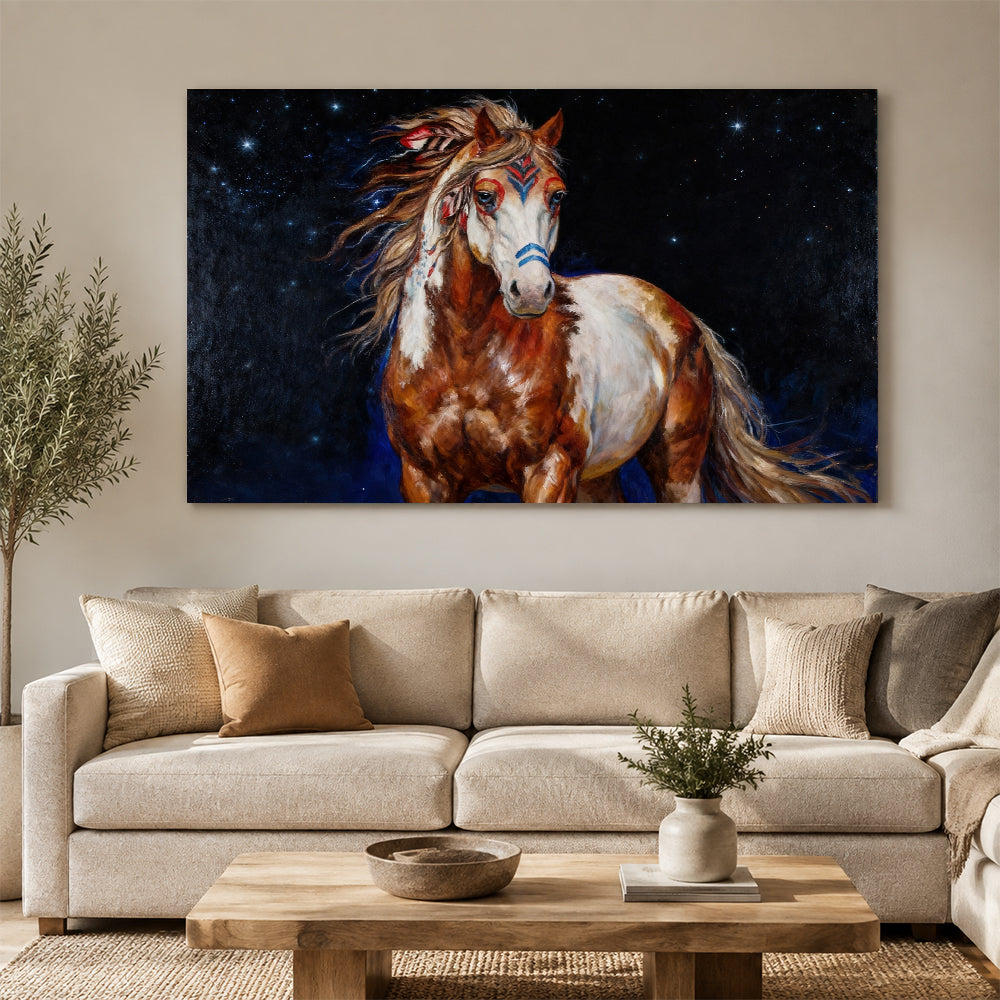 Starlit Companion horse wall art, displayed above a neutral sofa.