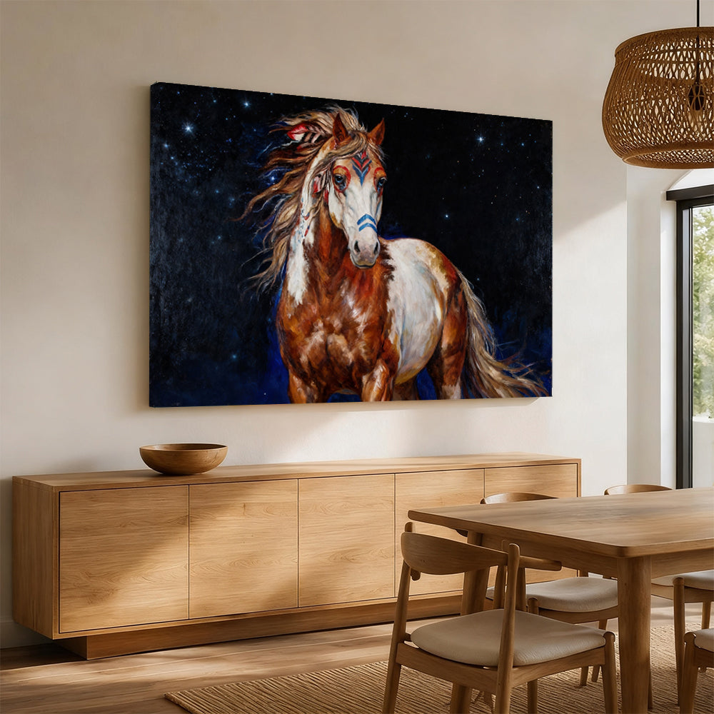 Starlit Companion horse wall art, displayed above a wooden sideboard.