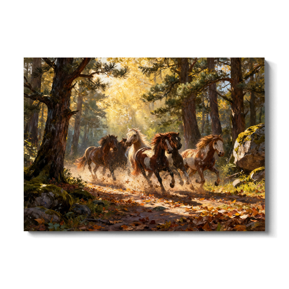 Through the Golden Woods horse wall art, front view on a white background.