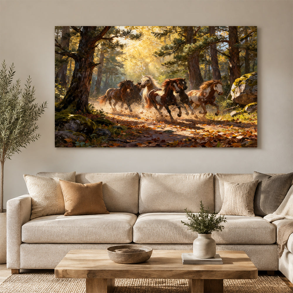 Through the Golden Woods horse wall art, displayed above a neutral sofa.