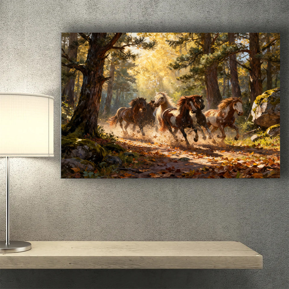 Through the Golden Woods horse wall art, styled above a desk.