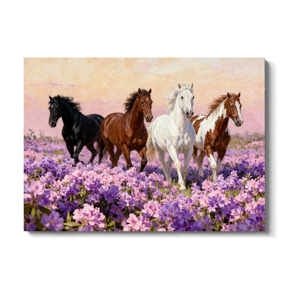 Wildflower Gathering horse wall art, front view on a white background.