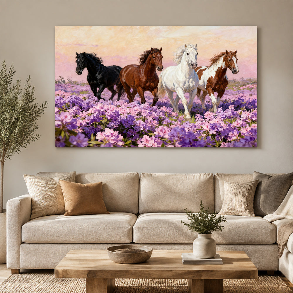 Wildflower Gathering horse wall art, displayed above a neutral sofa.
