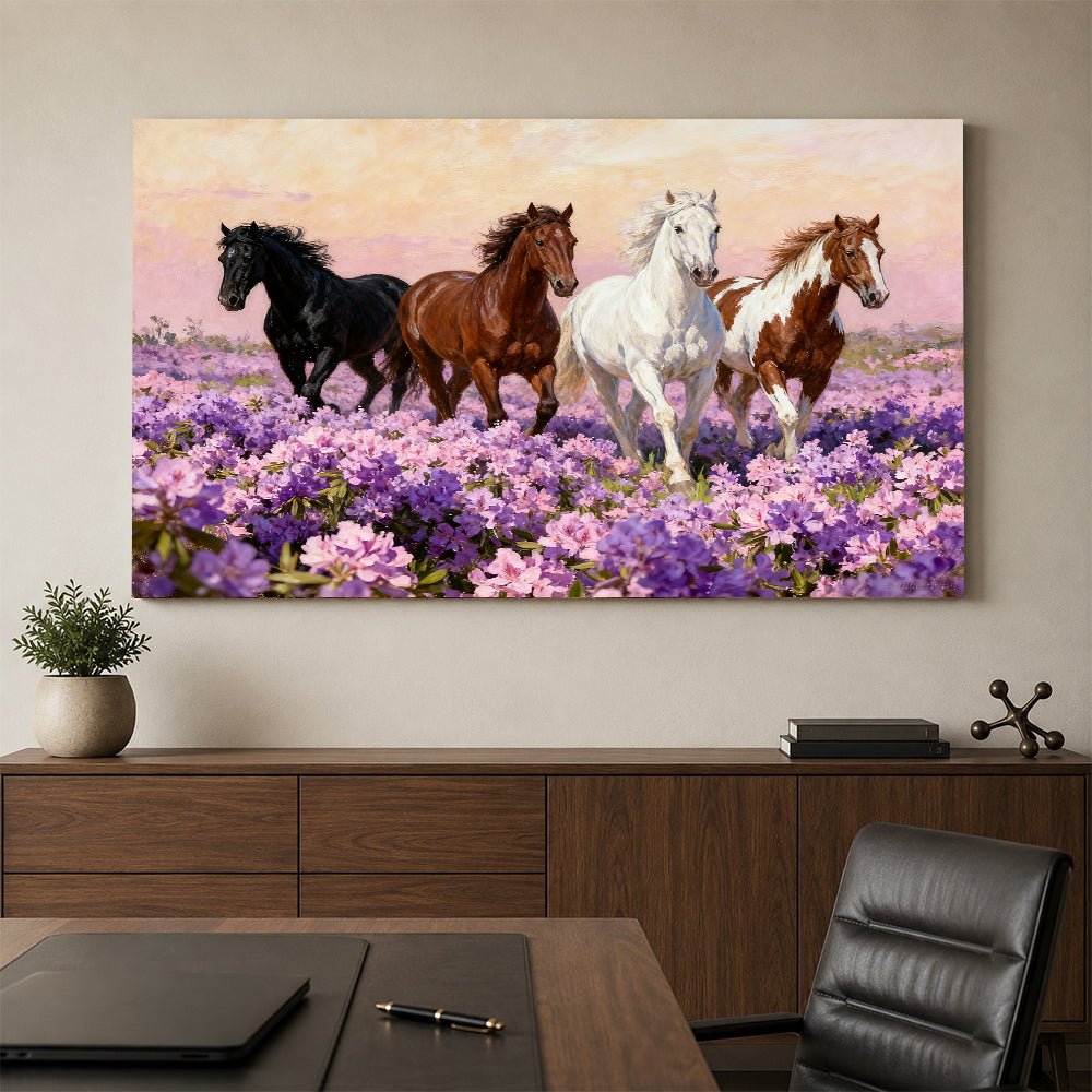 Wildflower Gathering horse wall art, styled above a console with a chair.