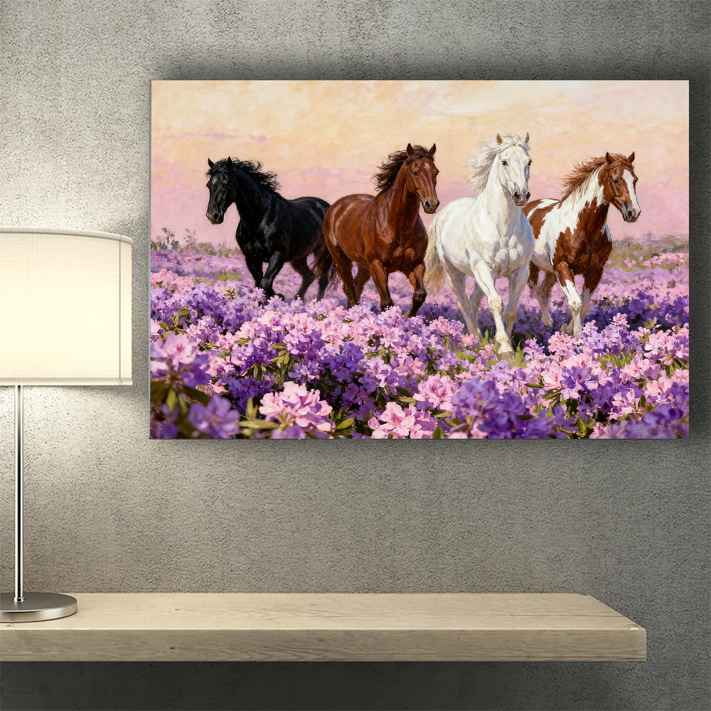 Wildflower Gathering horse wall art, styled above a desk.