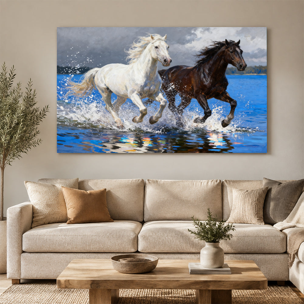 Riverlight Pair horse wall art, displayed above a neutral sofa.