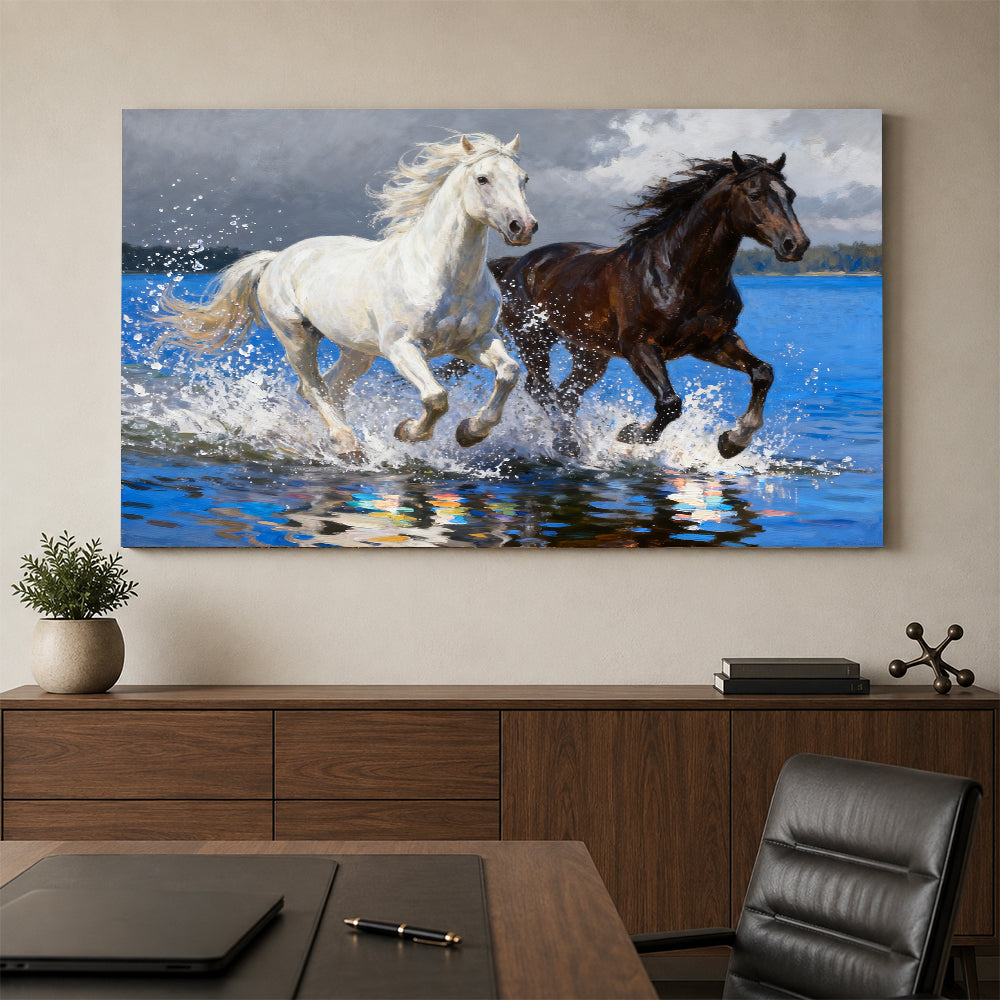Riverlight Pair horse wall art, styled above a console with a chair.