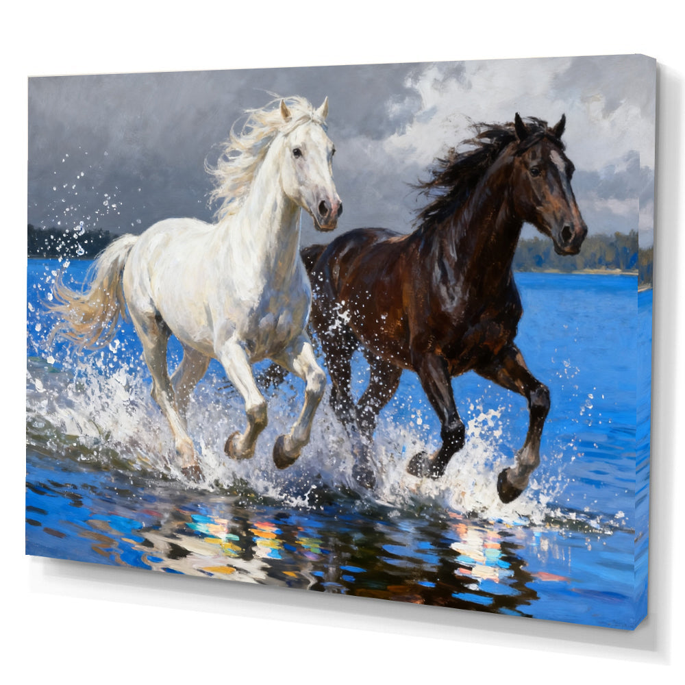 Riverlight Pair horse wall art, angled canvas mockup on a white background.
