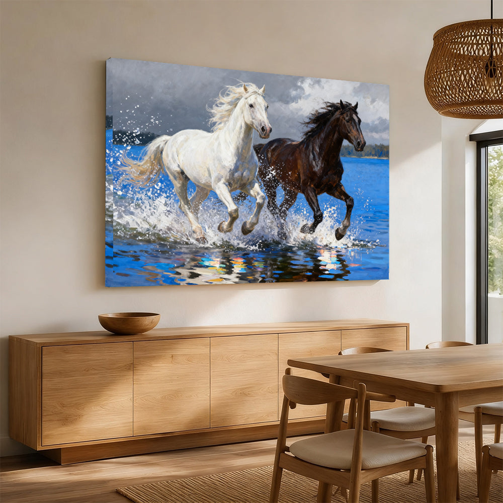 Riverlight Pair horse wall art, displayed above a wooden sideboard.
