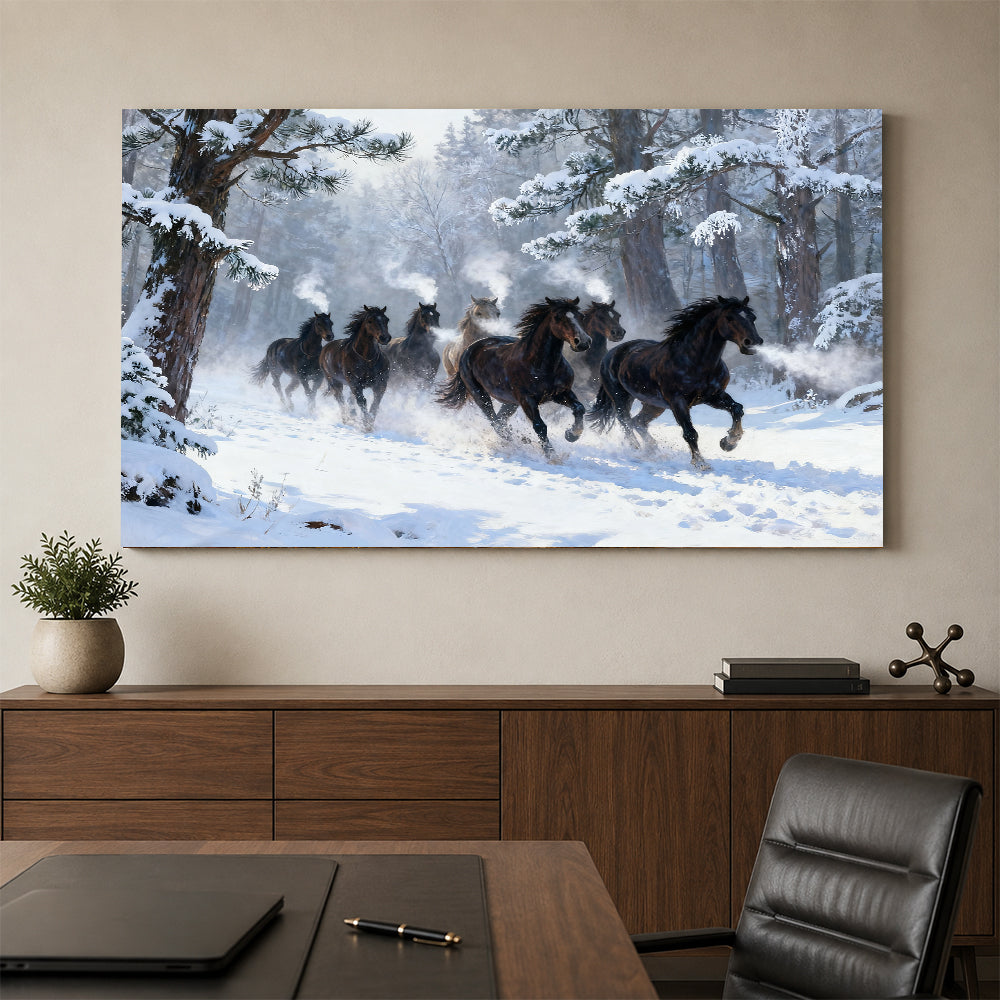 Winter Forest Herd horse wall art, styled above a console with a chair.