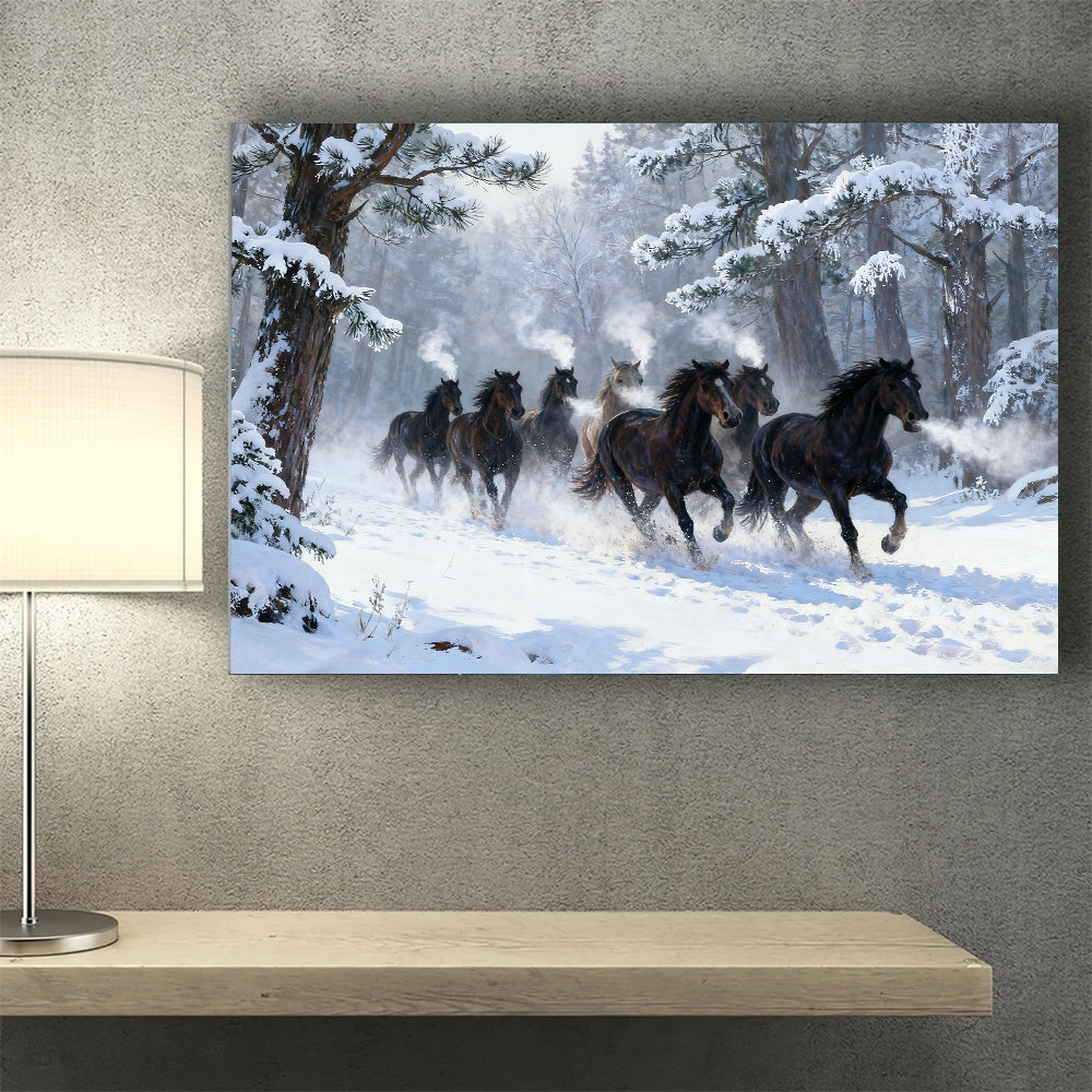 Winter Forest Herd horse wall art, styled above a desk.