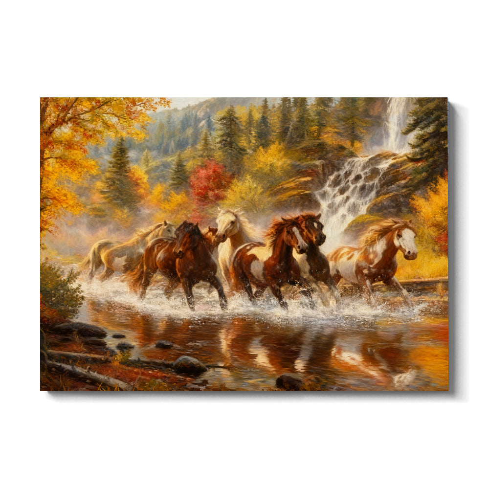 Autumn River Crossing horse wall art, front view on a white background.